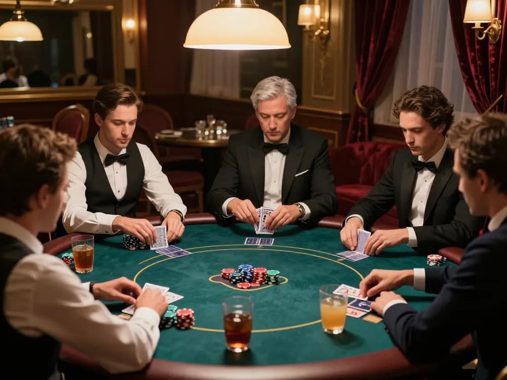 Players strategizing in a luxurious poker game at God55, showcasing high-stakes excitement.