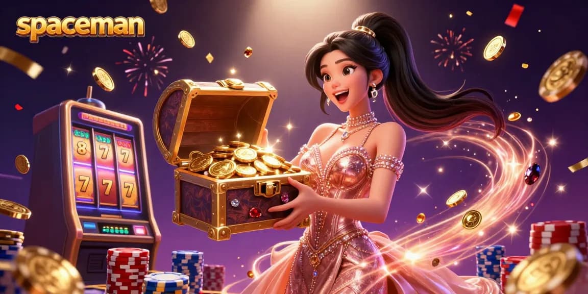 Spaceman slot game features a joyful woman beside a treasure chest filled with coins, showcasing the excitement of gaming.