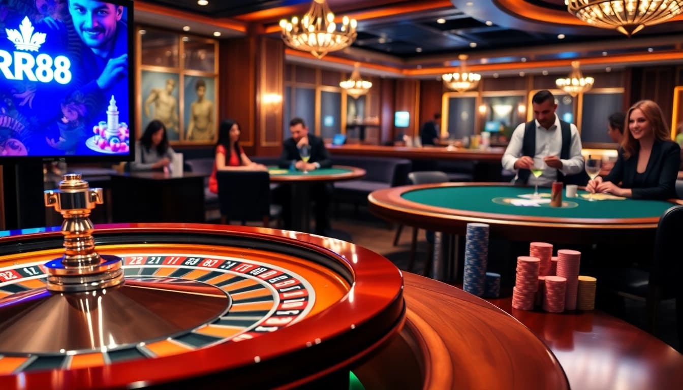 Experience the excitement at RR88.mov with a vibrant casino scene featuring roulette, poker chips, and happy players.