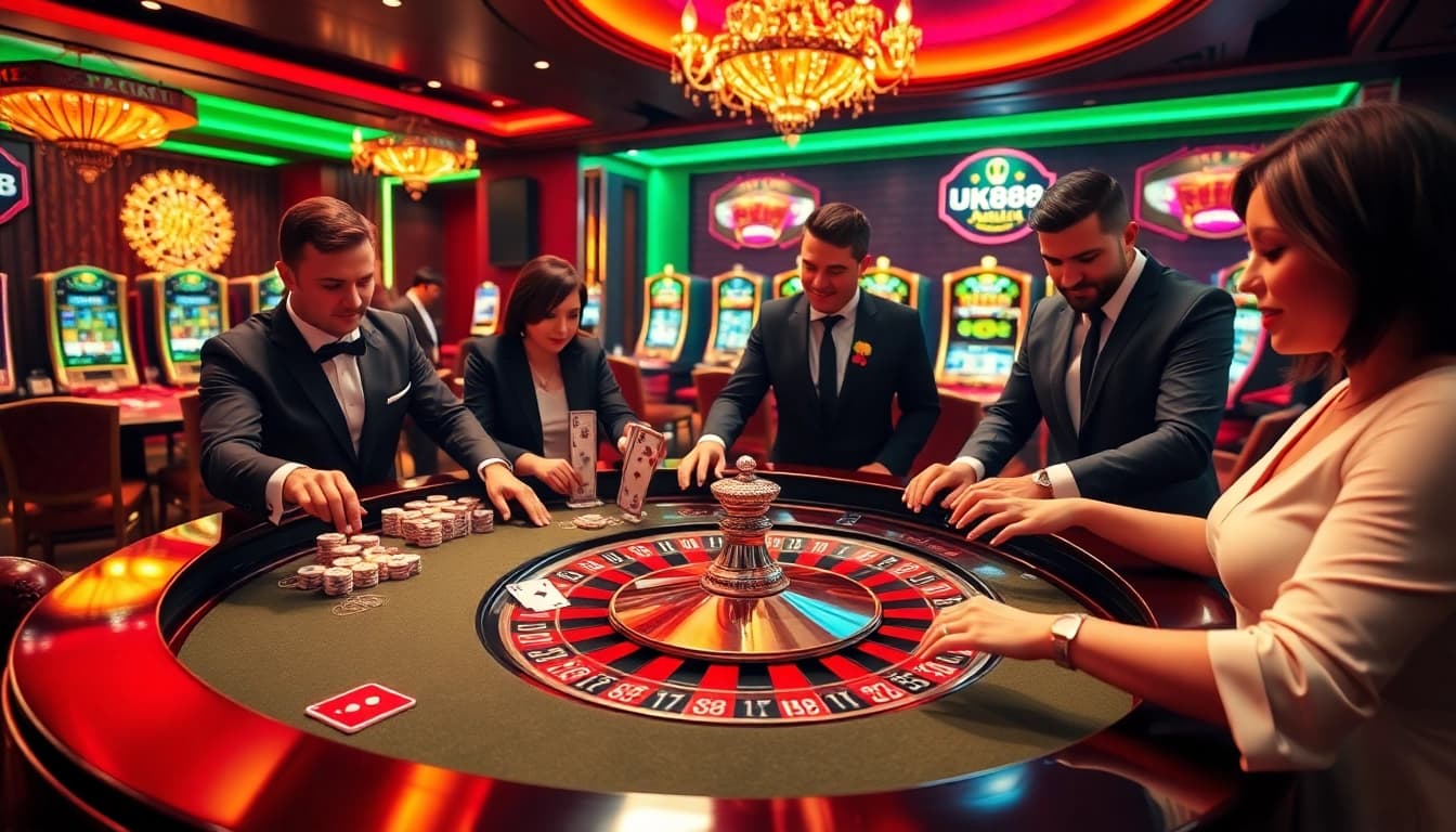 Link vào uk88 features gamblers at an elegant roulette table in a vibrant casino scene.
