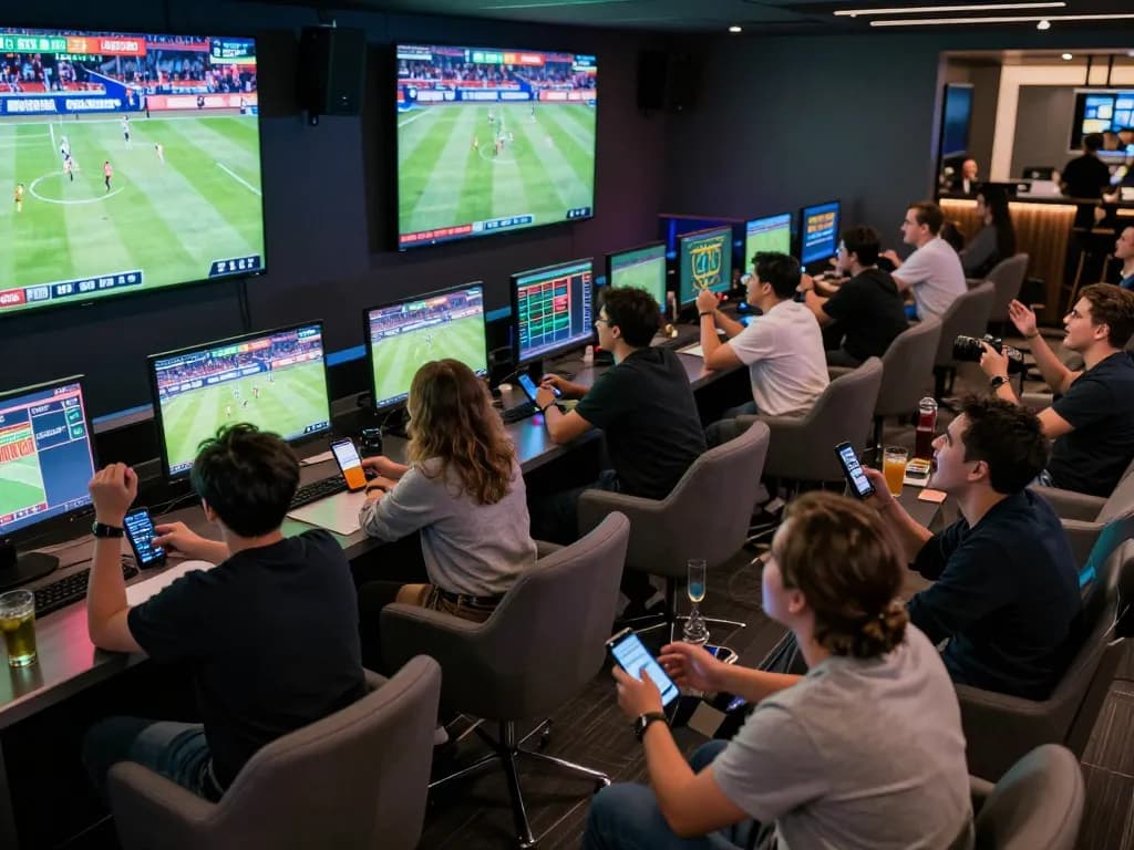 Fans engaging in sports betting while watching live matches, boosting excitement around mpo sport.