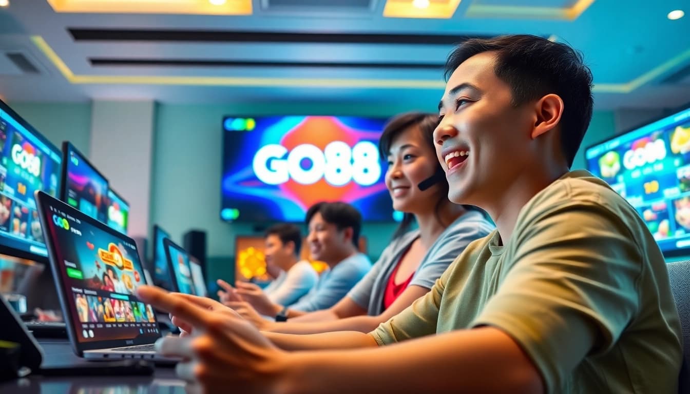Engaging players enjoying the GO88 online gaming experience on multiple devices, showcasing excitement and innovation.
