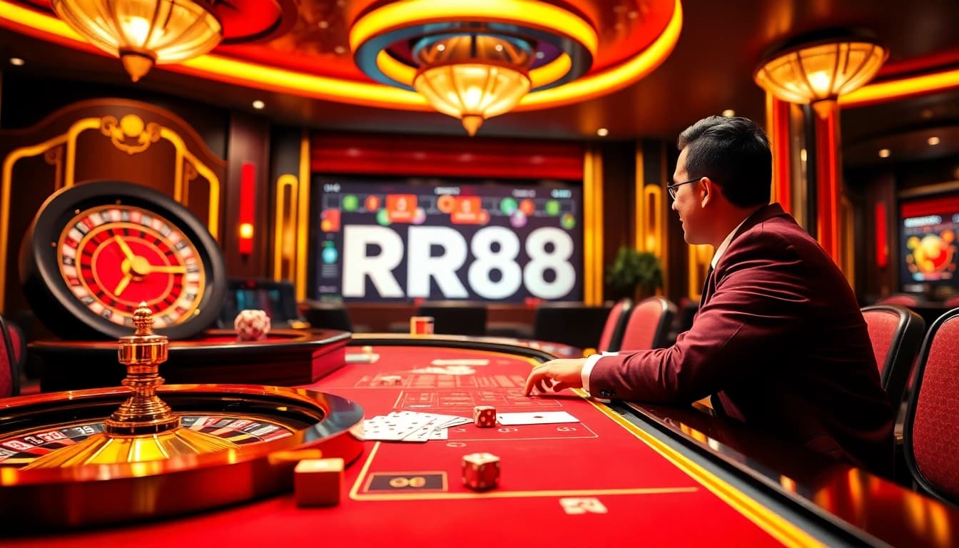 Engage with high-stakes gaming at RR88, showcasing a vibrant casino scene with roulette and cards.