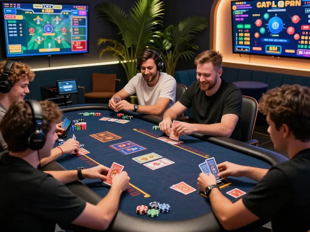 Dynamic kuwin gaming environment with players enjoying card and casino games, colorful chips and screens.