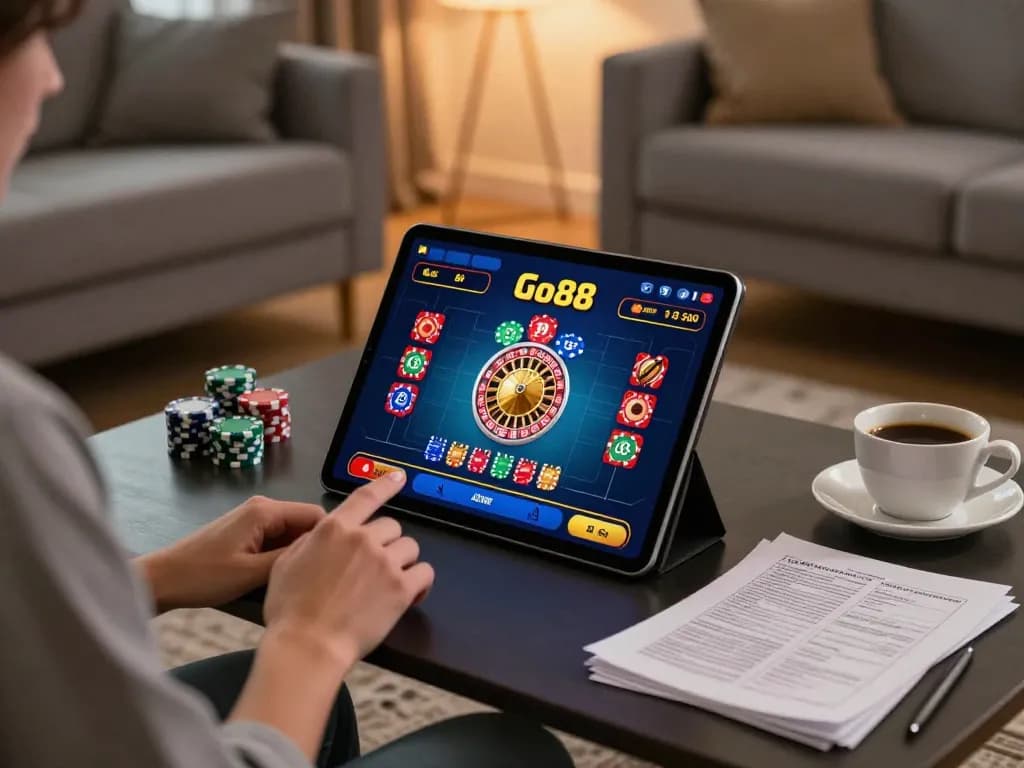 Engaging with the Go88 app while playing roulette in a cozy home setting, showcasing online gambling experience.