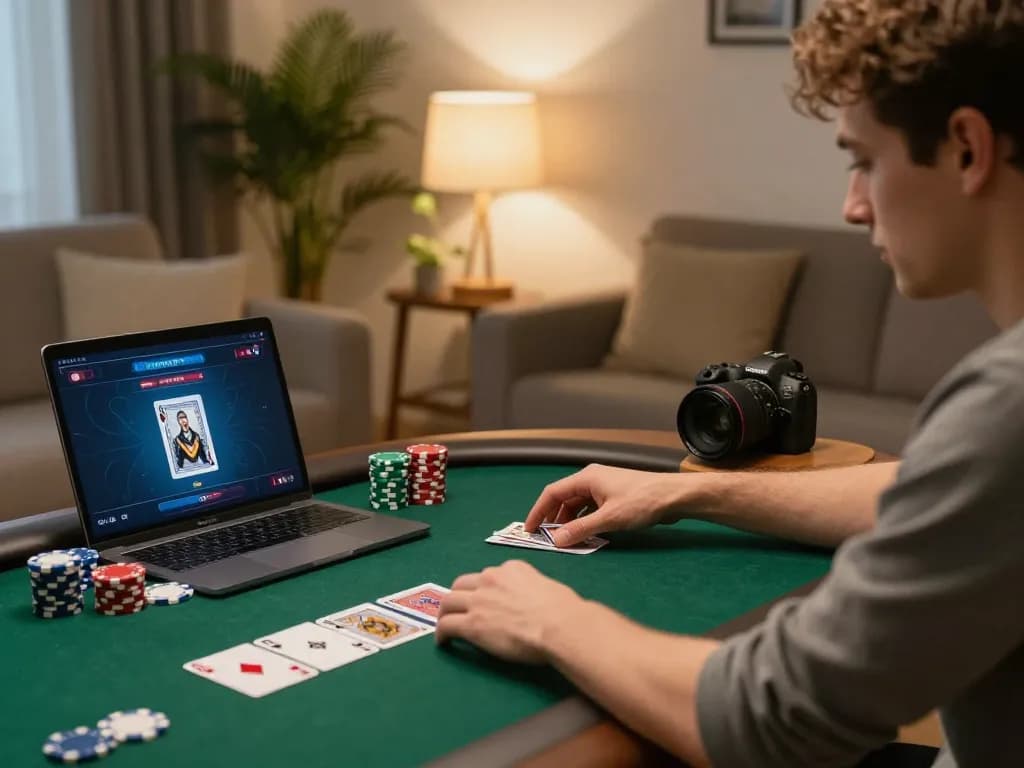 ho88 player engaging in online poker from home with focused strategy and cozy ambiance.