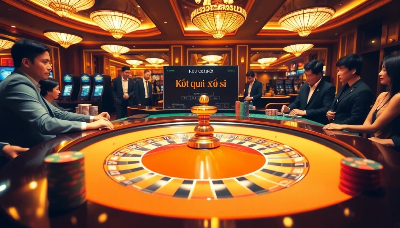 Excitement builds as players check Kết quả xổ số at a lively roulette table in a glamorous casino setting.