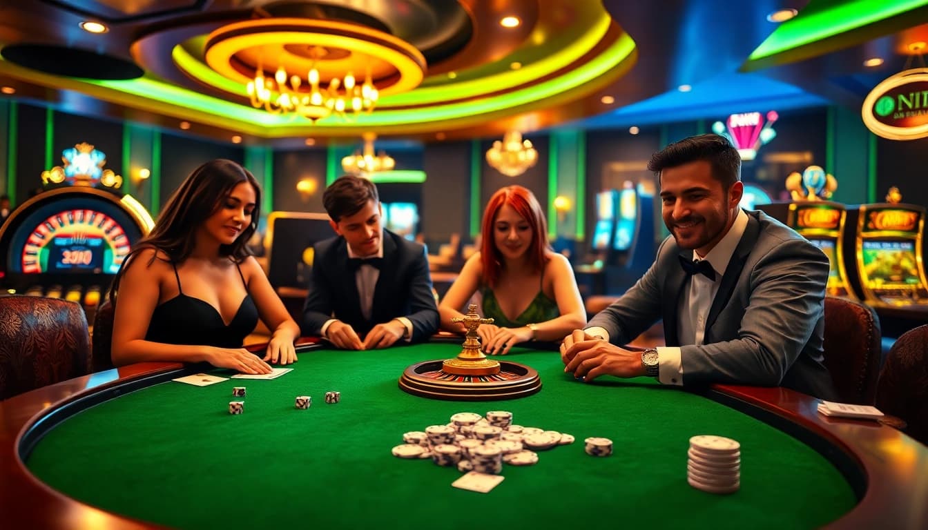 Engaging players at a vibrant casino table showcasing OKFUN gambling excitement with roulette and slot machines.