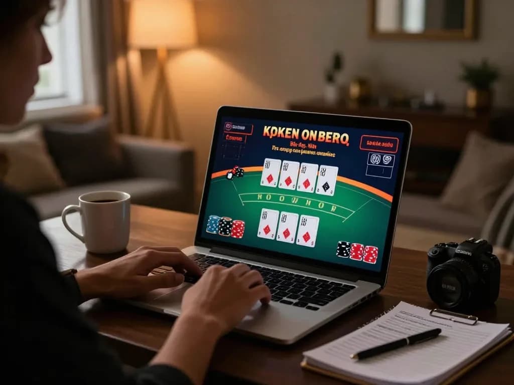 Player engaged in strategic online blackjack on 45678, with laptop displaying game interface and strategic notes nearby.