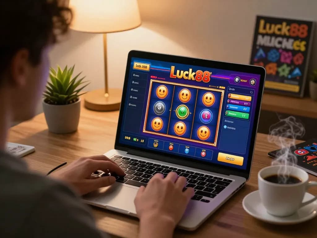 Player enjoying luck88 games while focusing on exciting online slot interfaces in a cozy home setting.