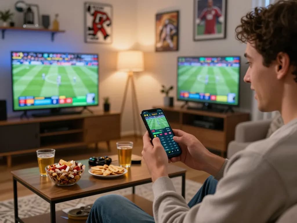 Orang yang aktif melakukan taruhan di hotplay94 melalui smartphone selama acara olahraga langsung di rumah.