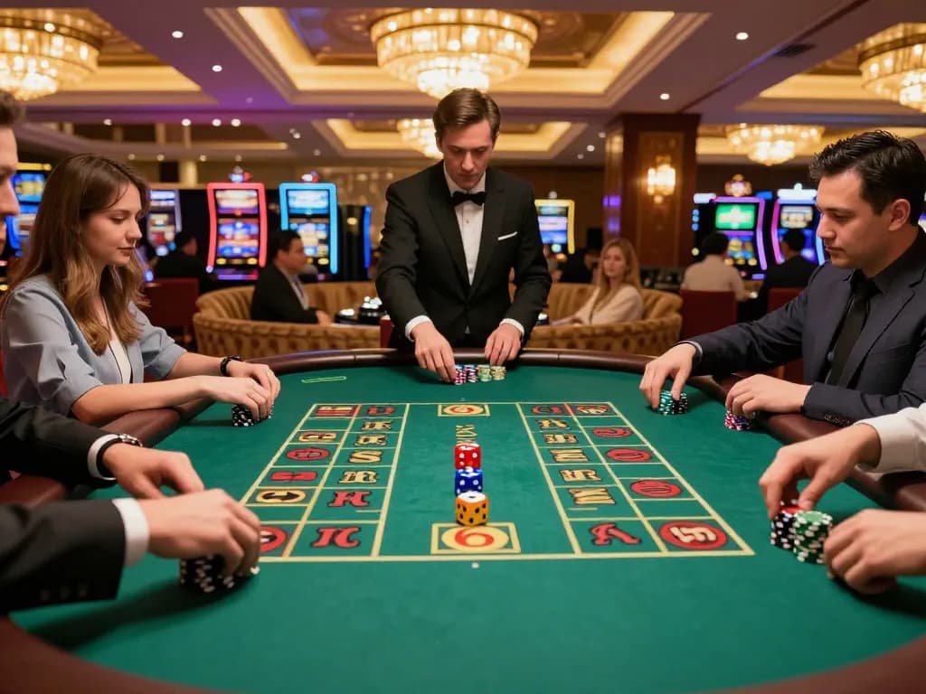 Engaged players rolling dice in a lively Mega Sicbo game at an upscale casino.