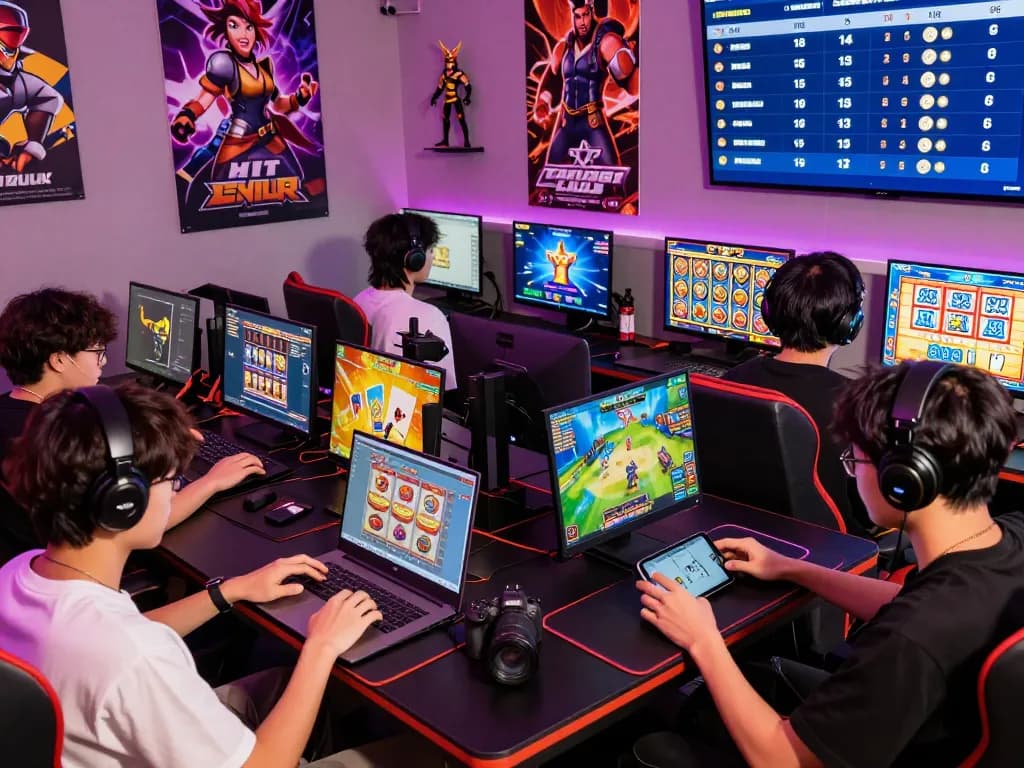 Engaged players at https://hitclub9.us.com/ enjoying an exciting online gaming experience in a vibrant lounge.