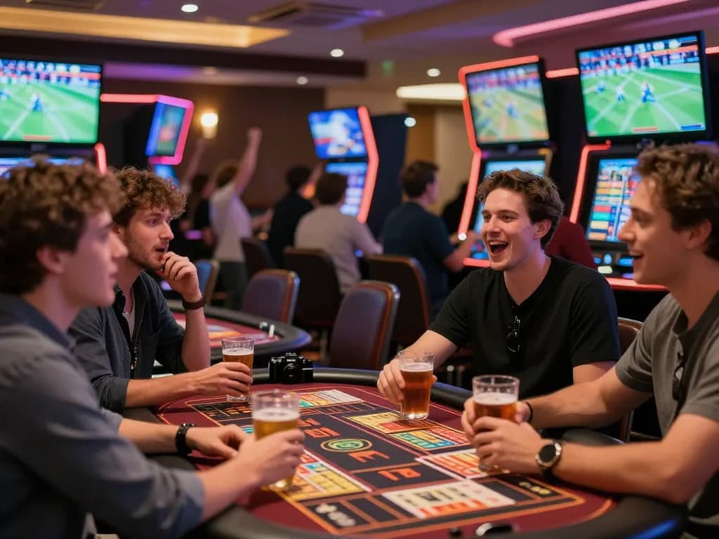 Pemain situs togel menganalisis odds di lounge taruhan olahraga yang ramai, menunjukkan peserta yang terlibat dengan slip taruhan dan layar.