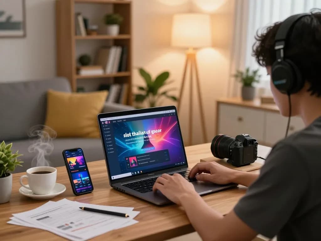 Engaging gameplay on a laptop showing slot thailand gacor hari ini in a stylish home setup.