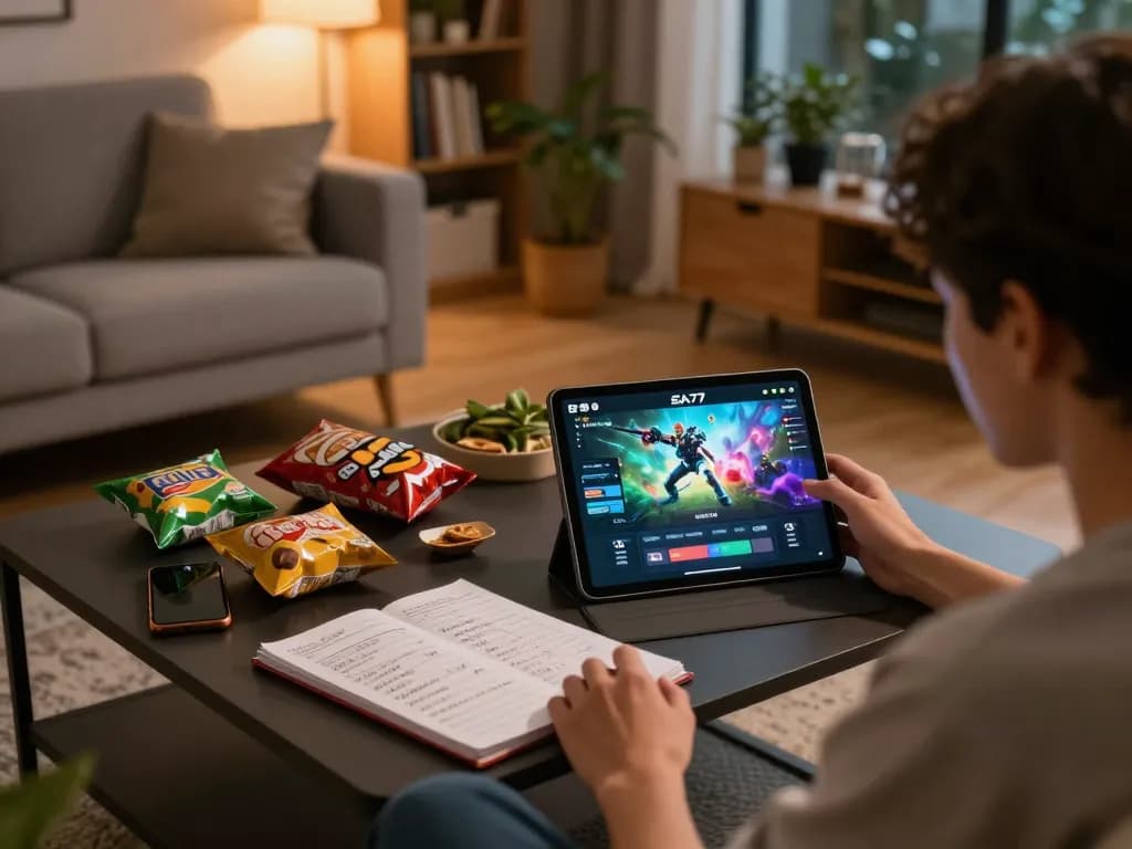 Person engaging with the EA77 app download while enjoying a cozy home gaming session surrounded by snacks and strategy notes.
