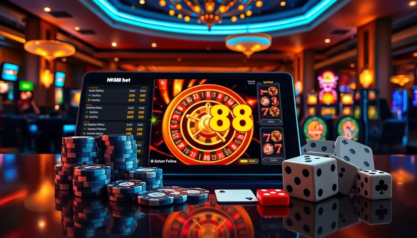 Engaging NK88 bet interface showcasing live betting odds, poker chips, and roulette action