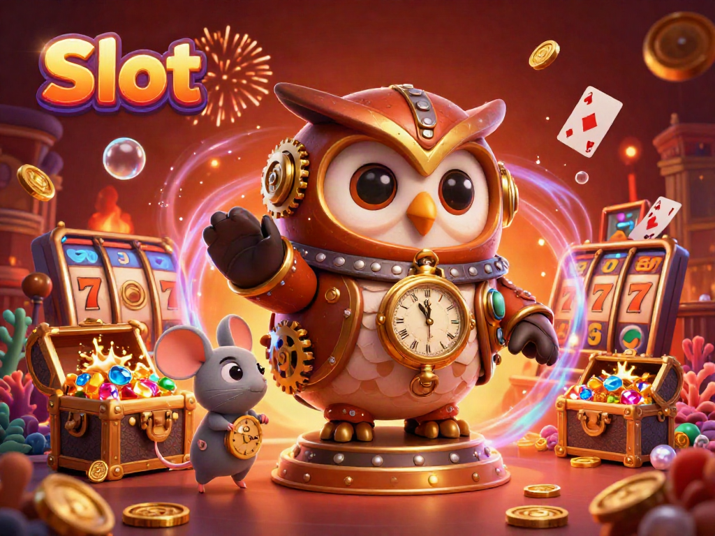 Slot menarik dengan karakter burung hantu dan mouse dalam suasana kasino futuristik.