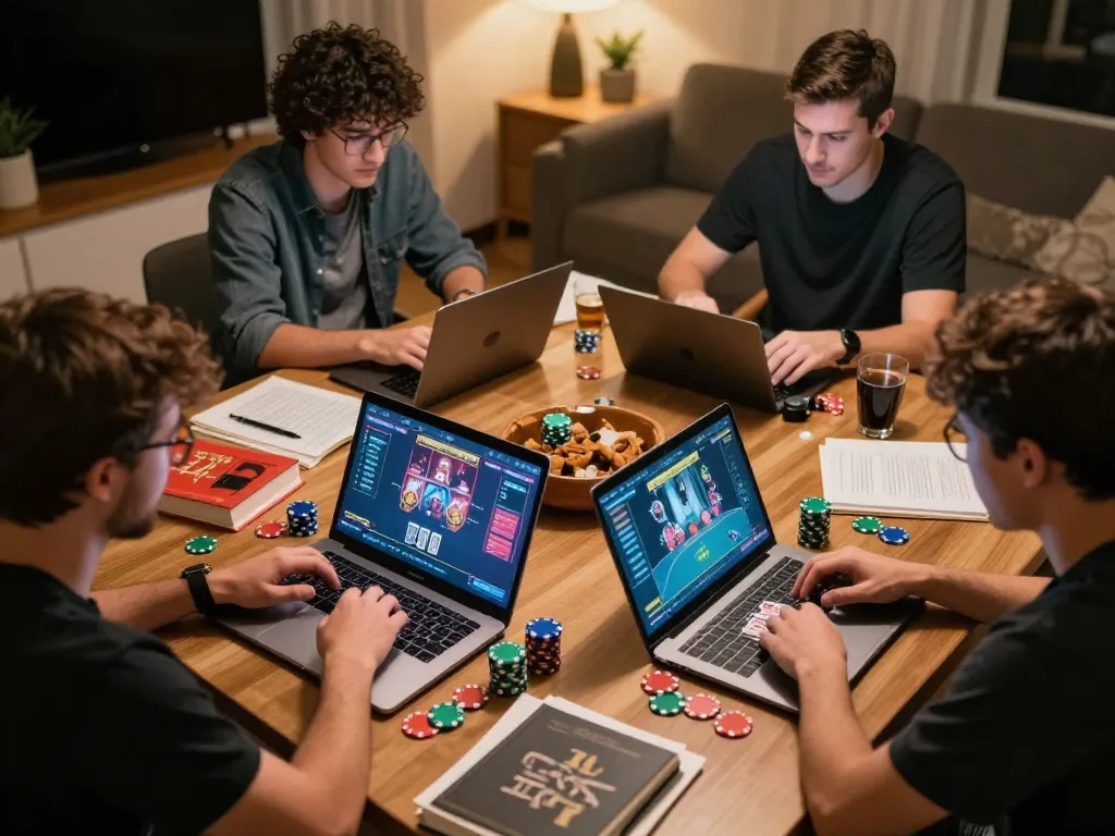Players engage in thrilling poker gameplay on their laptops, showcasing the excitement of RR88 online gambling.