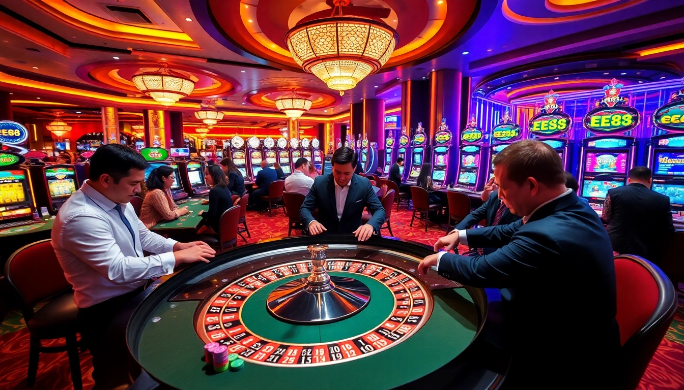 Experience the thrill of EE88 casino with players engaged in roulette and slot games in a vibrant atmosphere.