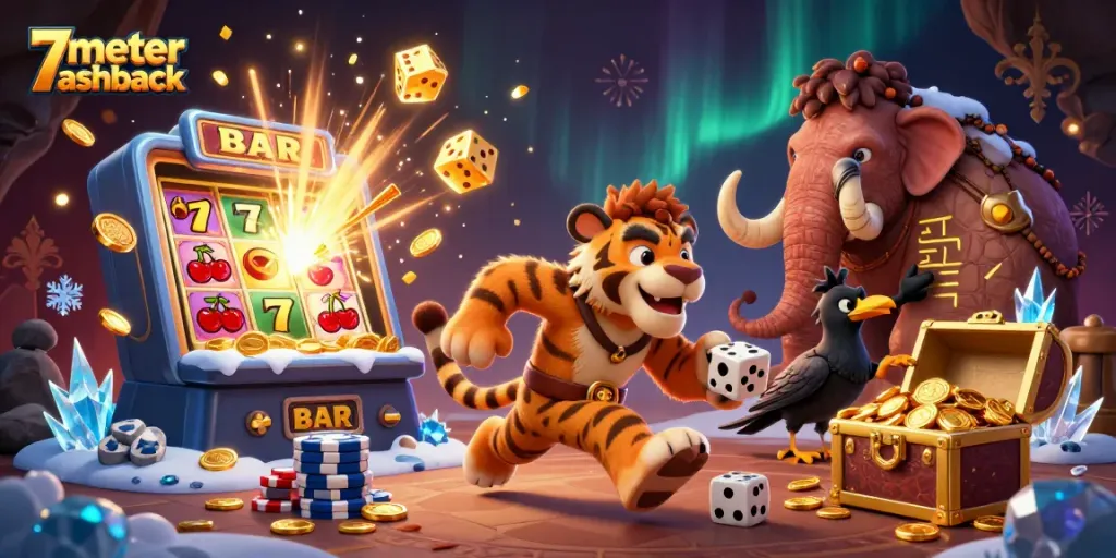 Experience the excitement of 7meter cashback at a vibrant prehistoric casino with playful characters.