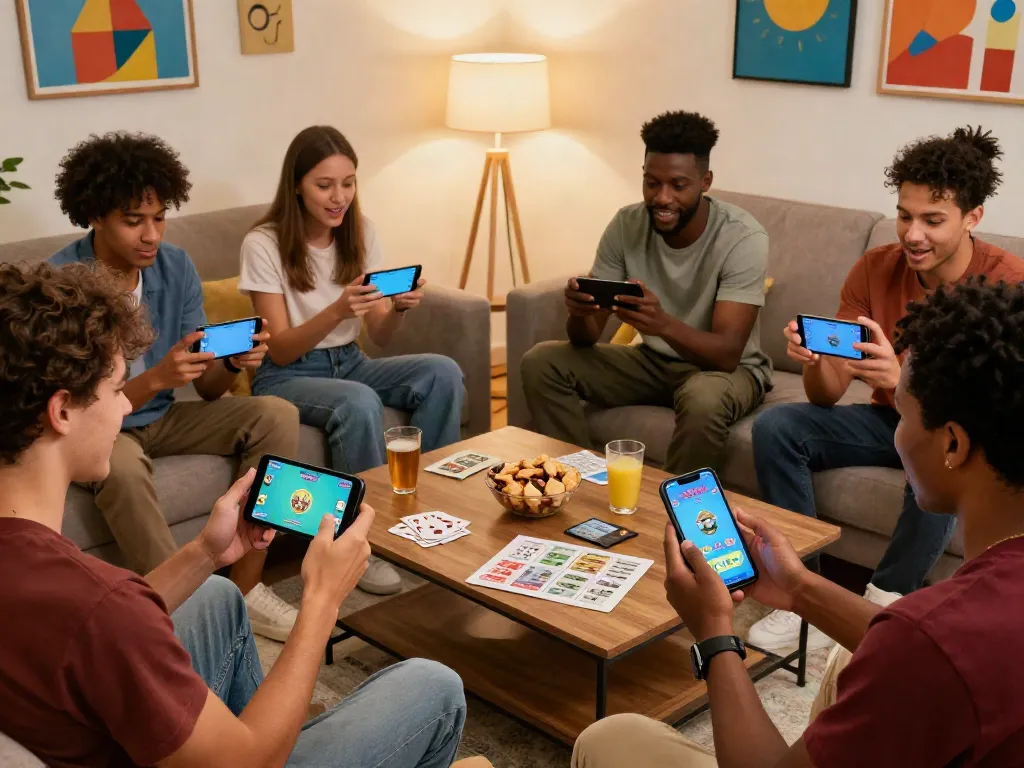 Friends playing Rumble Rummy on smartphones in a cozy living room, showcasing excitement and camaraderie.