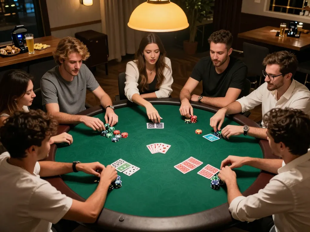 Experience dynamic poker gameplay at https://shbet.free/ featuring engaged players around a green felt table.