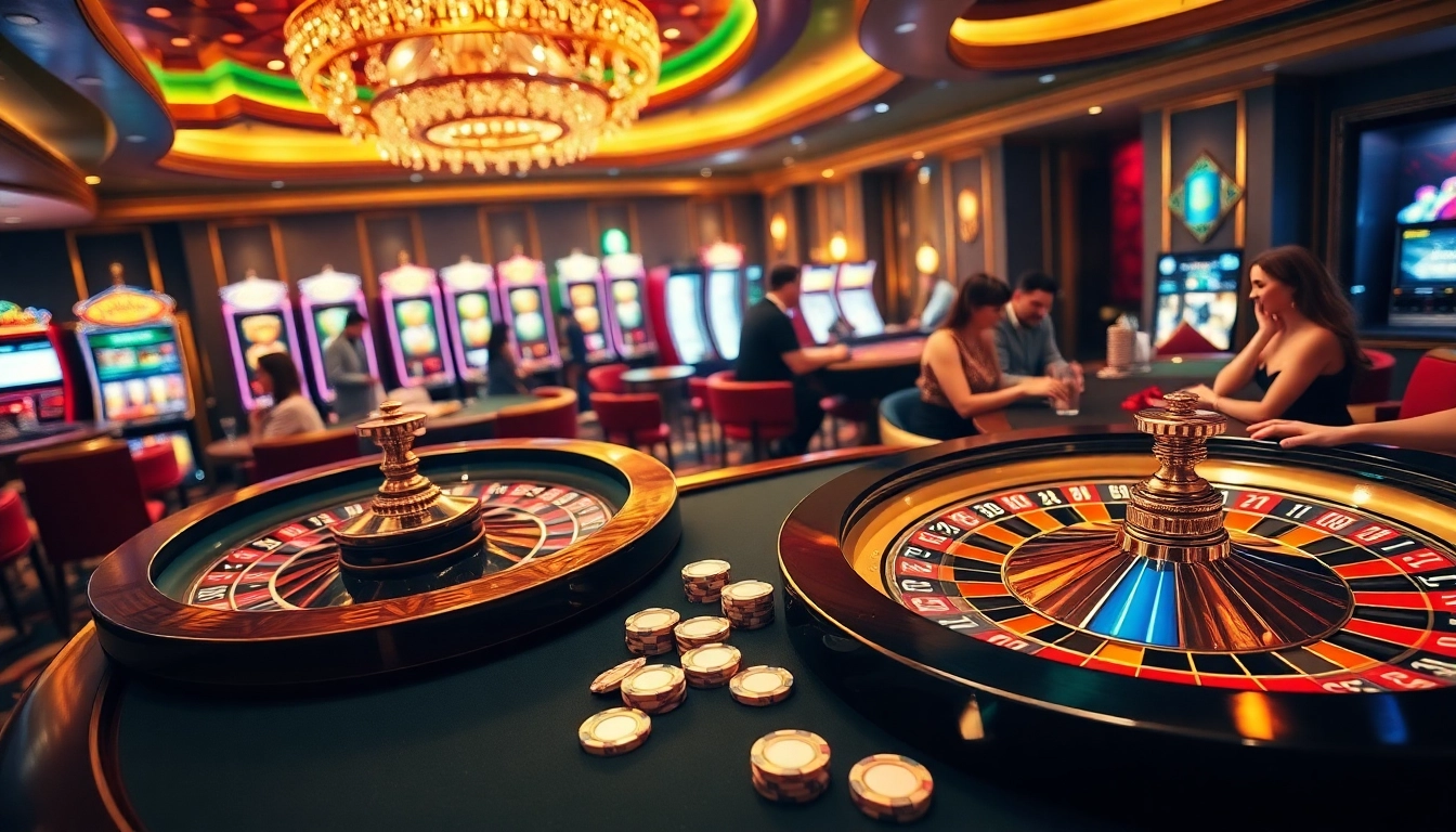 Exciting casino scene featuring rr88 com with vibrant roulette wheel and engaged players.