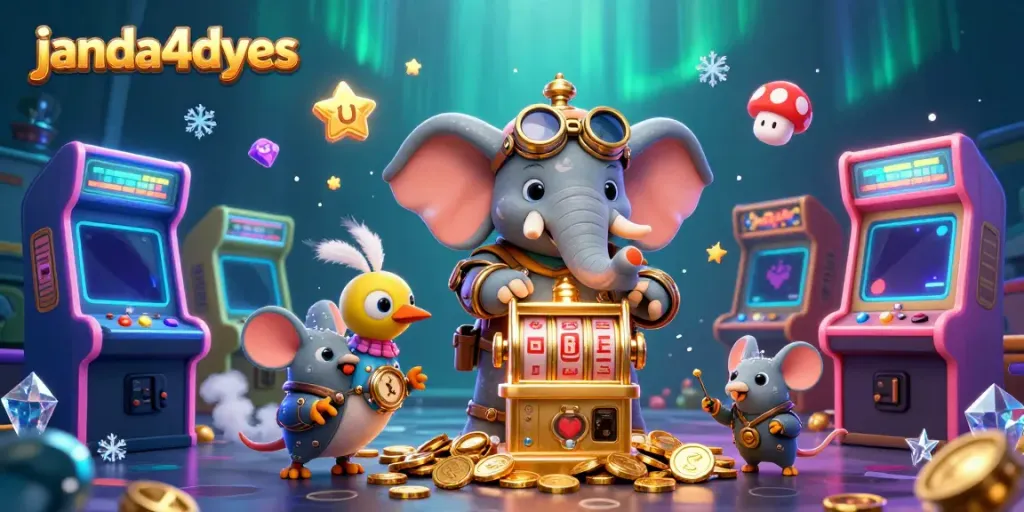 Permainan slot online janda4dyes dengan elemen kartun steampunk dan mesin slot berwarna emas.