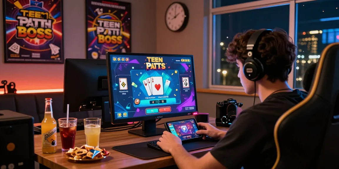 Mobile gamer enjoying the New update of Teen Patti Boss, immersed in gameplay while surrounded by vibrant lights and snacks.