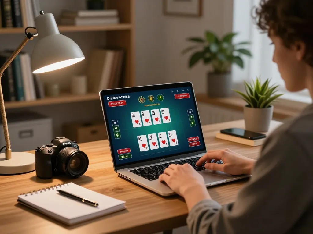 Playing blackjack online at home via hargatoto with cards and strategies in focus.