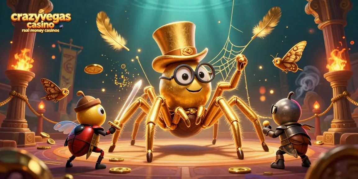 Engage with the thrilling atmosphere of crazyvegas casino real money casinos, featuring a golden tarantula, beetle knight, and moth spectators in action.