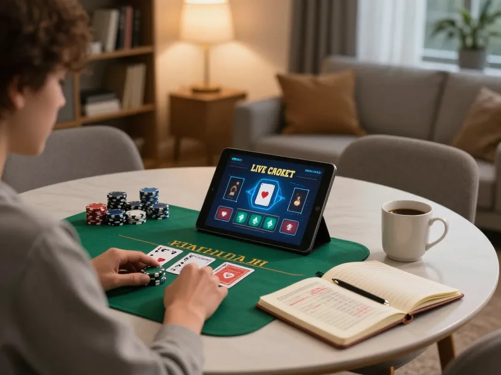 Engaged player using tablet to access link mu88 for a live blackjack game in a cozy home setting.