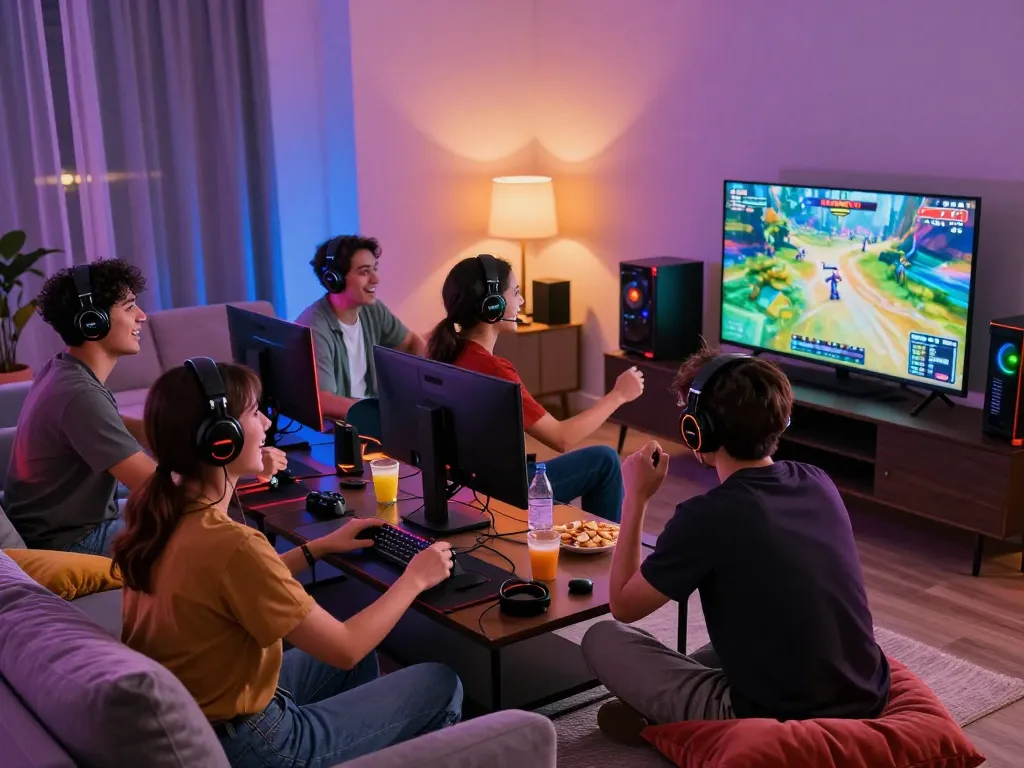 Friends enjoying multiplayer gaming experience with vibrant atmosphere at https://blackmomsblog.com/about/.