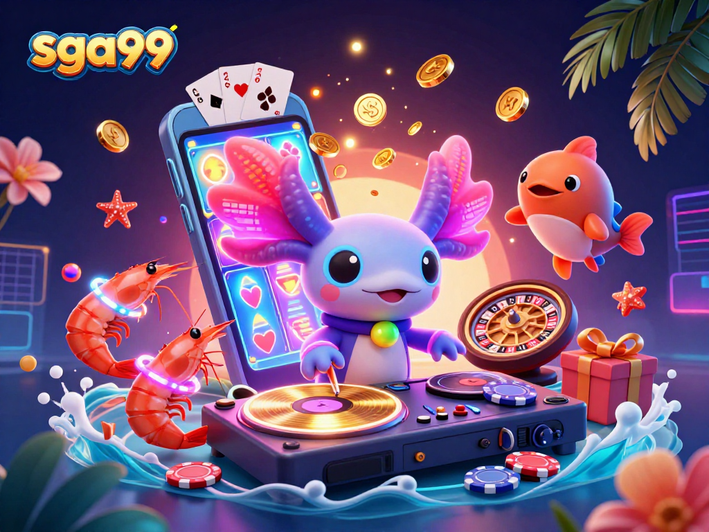 Play vibrant slots with sga99's neon axolotl DJ and lively underwater characters.