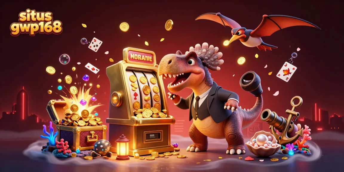 Ilustrasi 3D situs gwp168 menunjukkan dinosaurus menghancurkan mesin slot dengan jetuan koin jackpot.