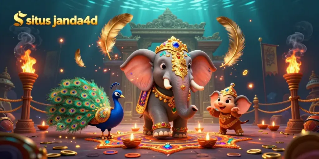 Ilustrasi animasi 3D situs janda4d dengan gajah dan merak berwarna, dikelilingi elemen kasino yang cerah.