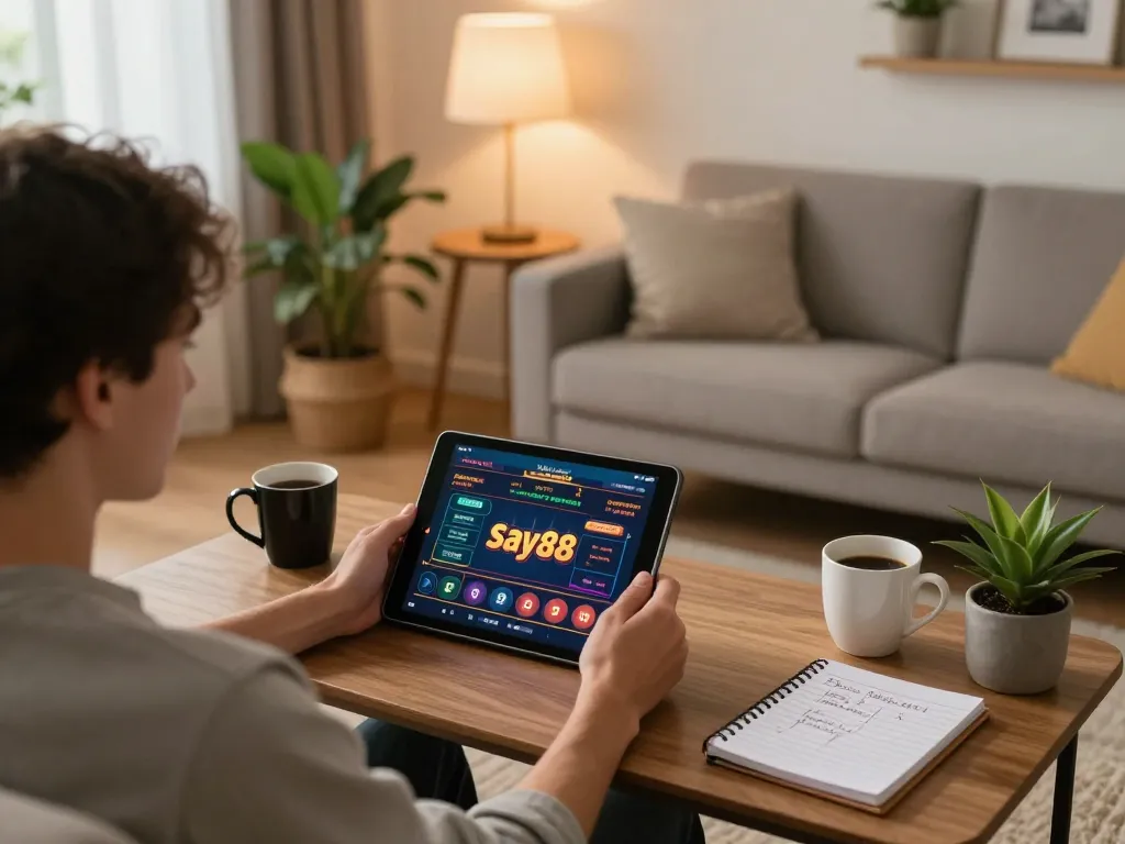 Player enjoying say88 online casino on tablet in a cozy living room environment.