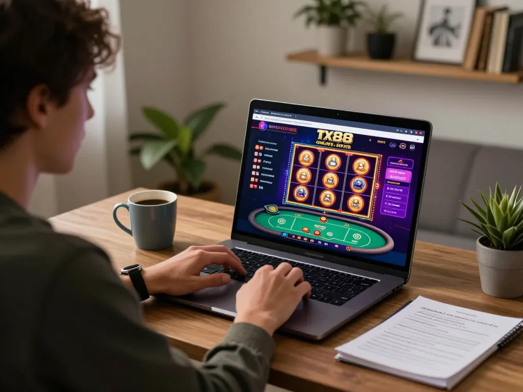 Engaging online gaming scene with tx88 casino interface on laptop and strategy notes.