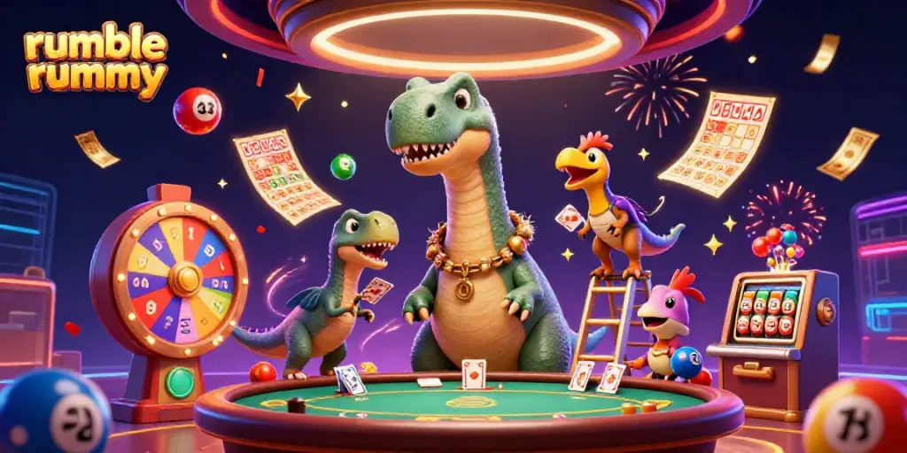 Engage with Rumble Rummy as a large brontosaurus appears above a tiny poker table in a vibrant casino scene.