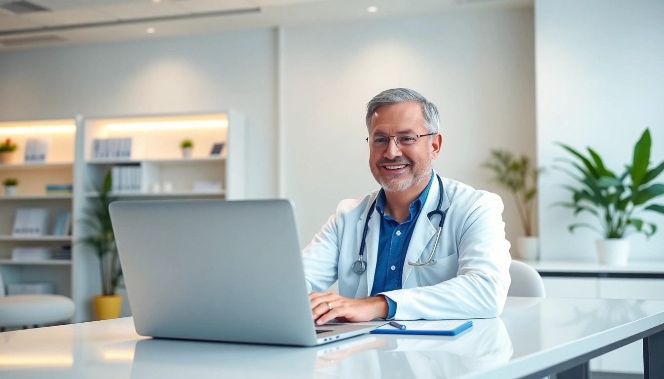 Engaging in an online doctor visit pay per visit with a professional doctor in a modern clinic.