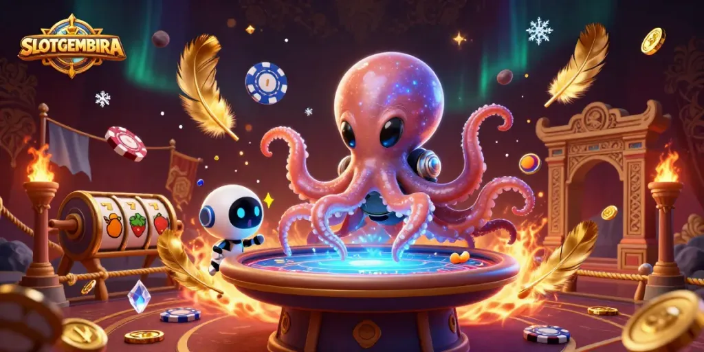 SLOTGEMBIRA showcases an energetic alien octopus at a holographic poker table, emphasizing vibrant casino action.