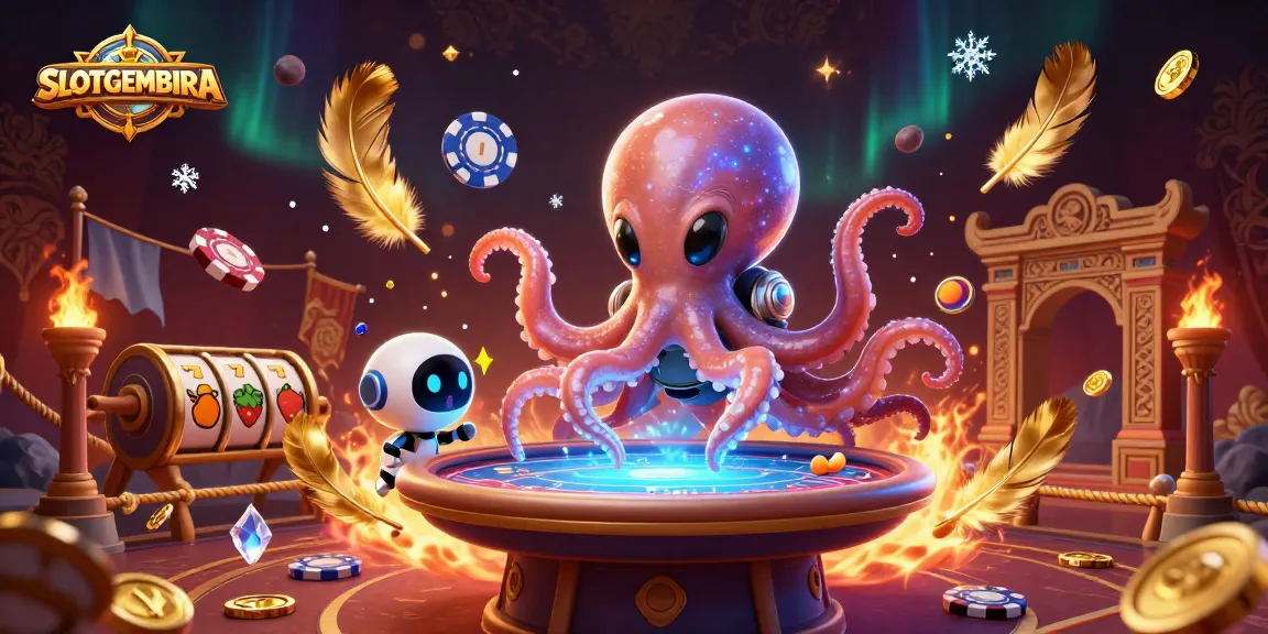 SLOTGEMBIRA showcases an energetic alien octopus at a holographic poker table, emphasizing vibrant casino action.
