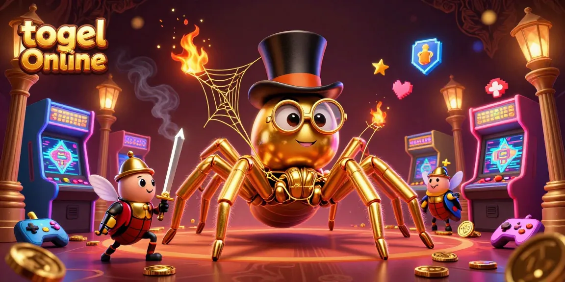 Play exciting togel online as a giant golden tarantula weaves its web amidst vibrant casino game machines.