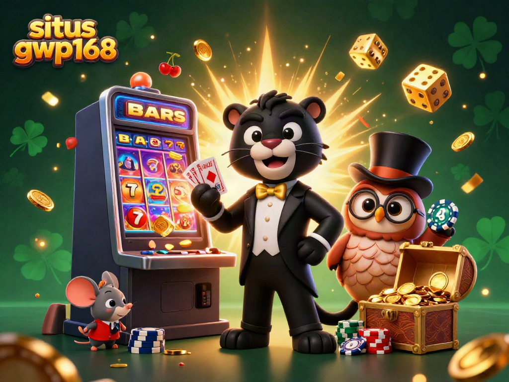 Permainan situs gwp168 dengan karakter kartun kasino yang elegan dan mesin slot mengagumkan.