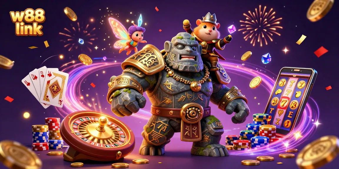 Engage with w88 link in this enchanting scene with slot machines, gold coins, and magical characters.