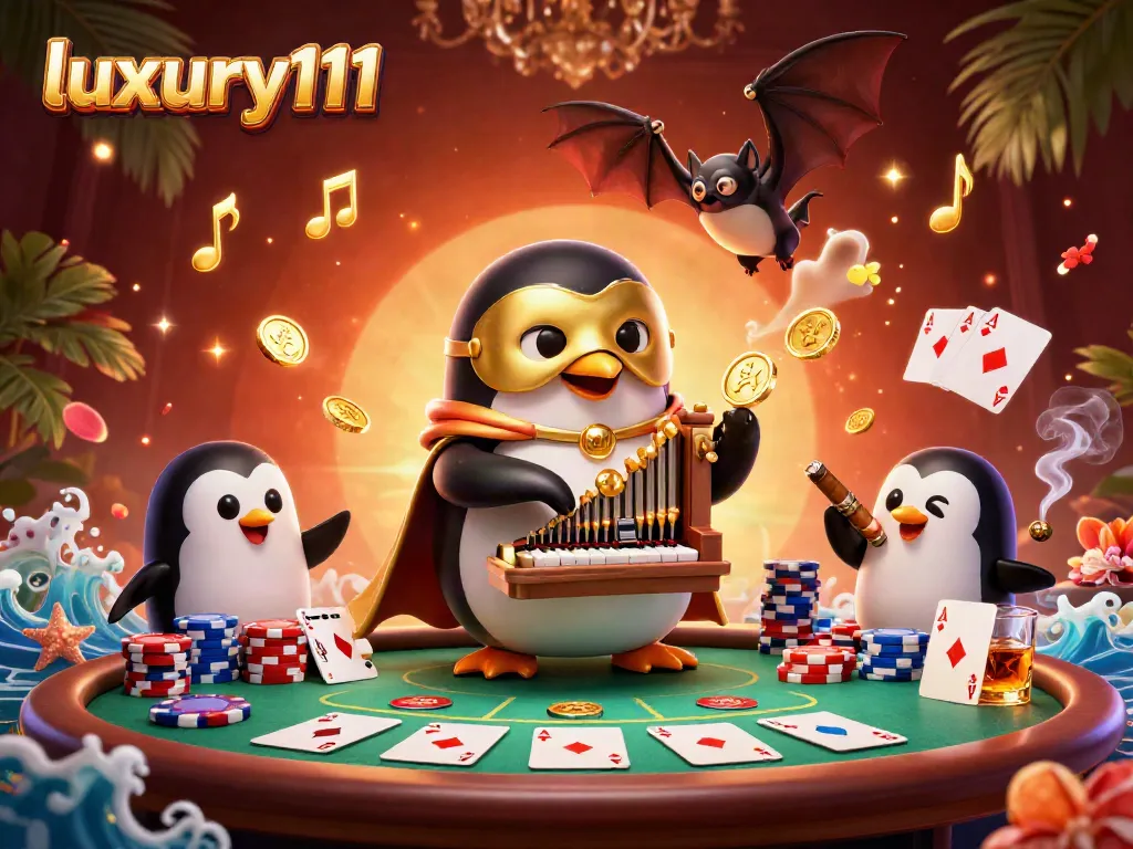 Experience luxury111 gaming with a vibrant 3D scene featuring a penguin, casino elements, and animated golden coins.