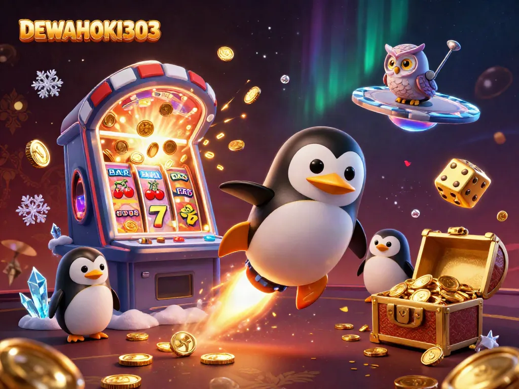 Raih jackpot di DEWAHOKI303 yang menampilkan penguin emas dan permainan kasino menarik