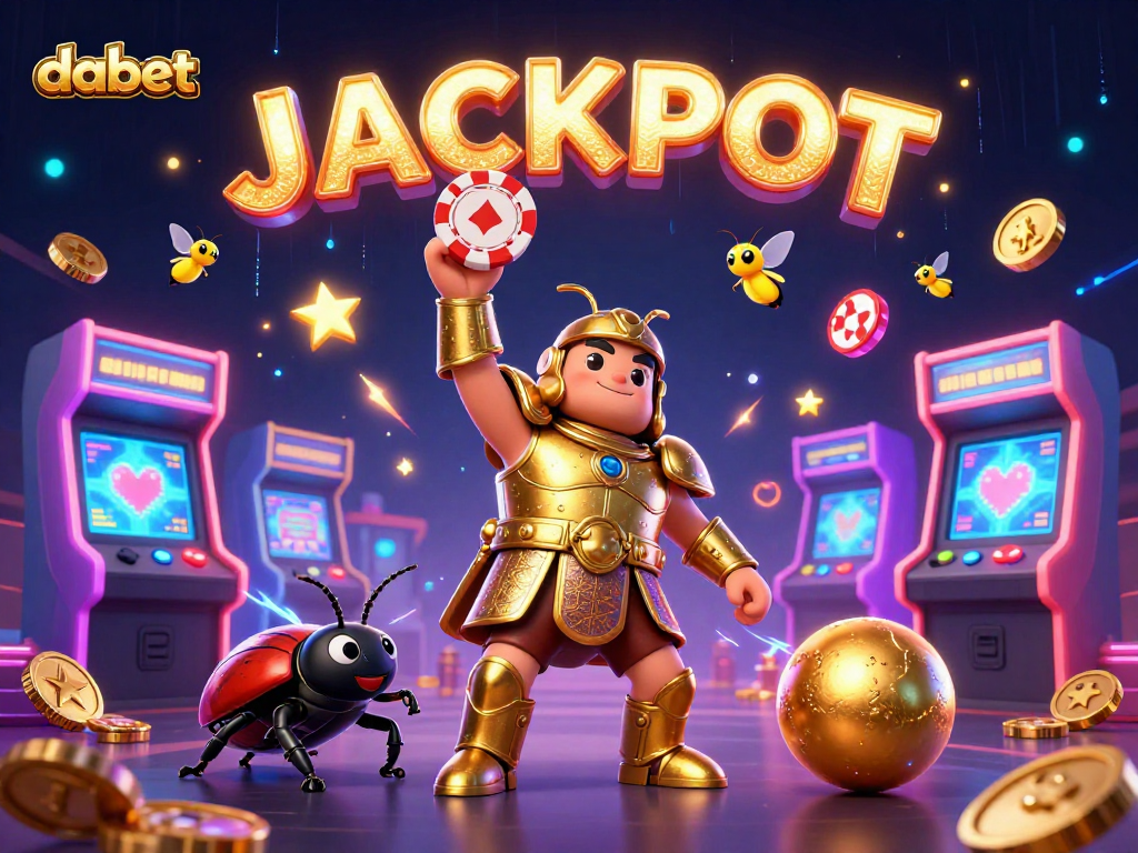 dabet's thrilling jackpot scene showcases a heroic bug, poker chips, and arcade game flair.