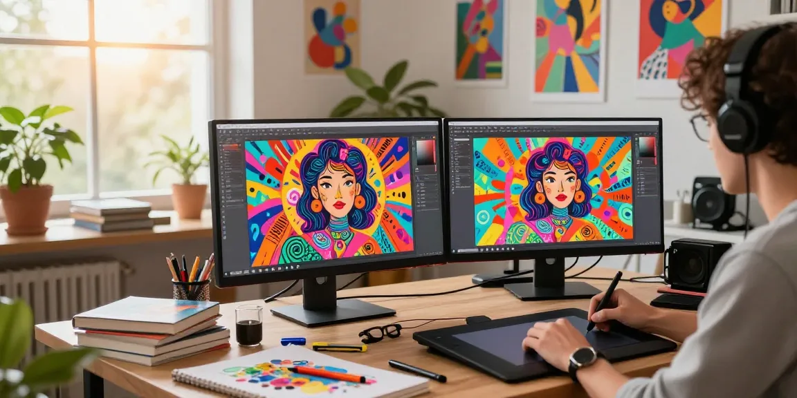 Creating NSFW AI art in a vibrant digital studio with dual monitors and creative supplies.